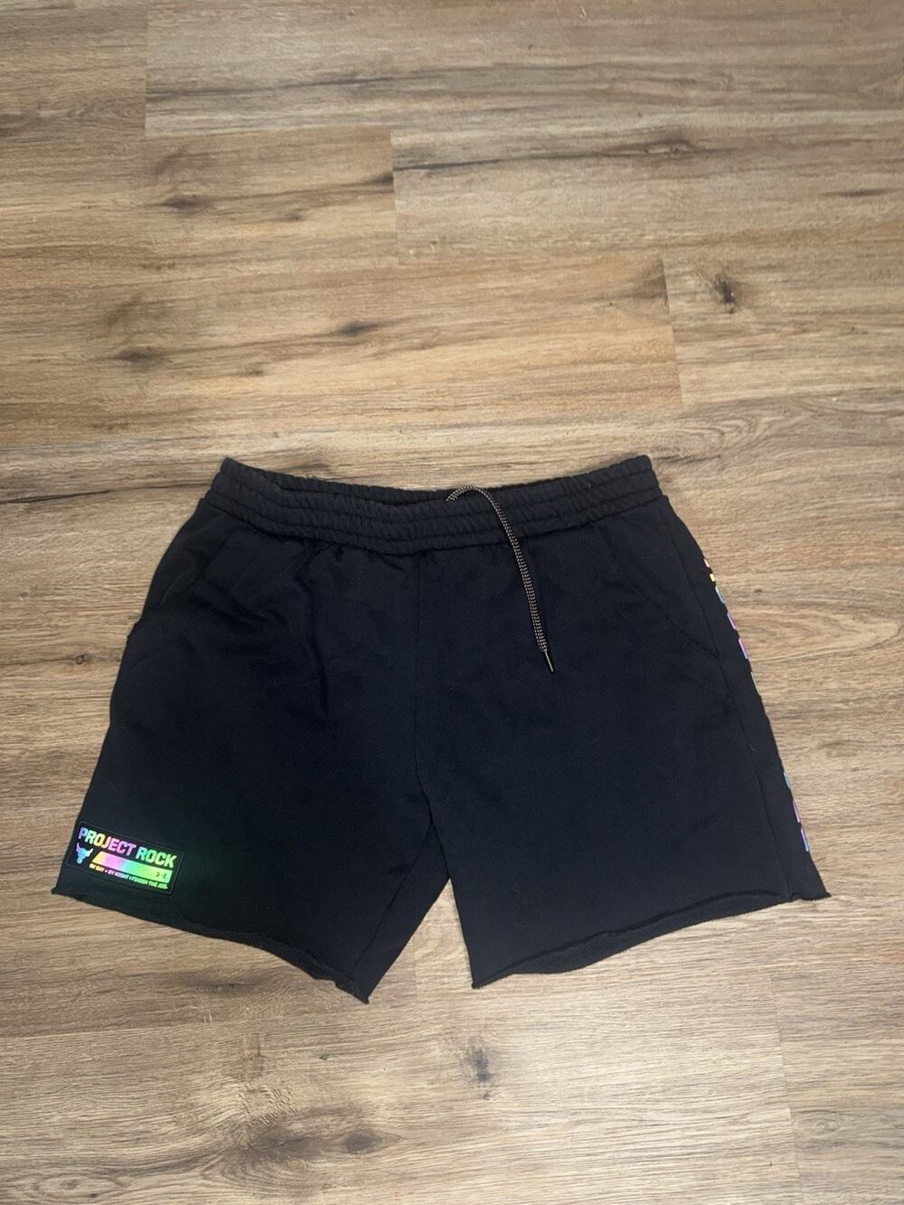 Under Armour Project Rock Fleece Shorts Mens XL Black Iridescent Terry Raw Hem
